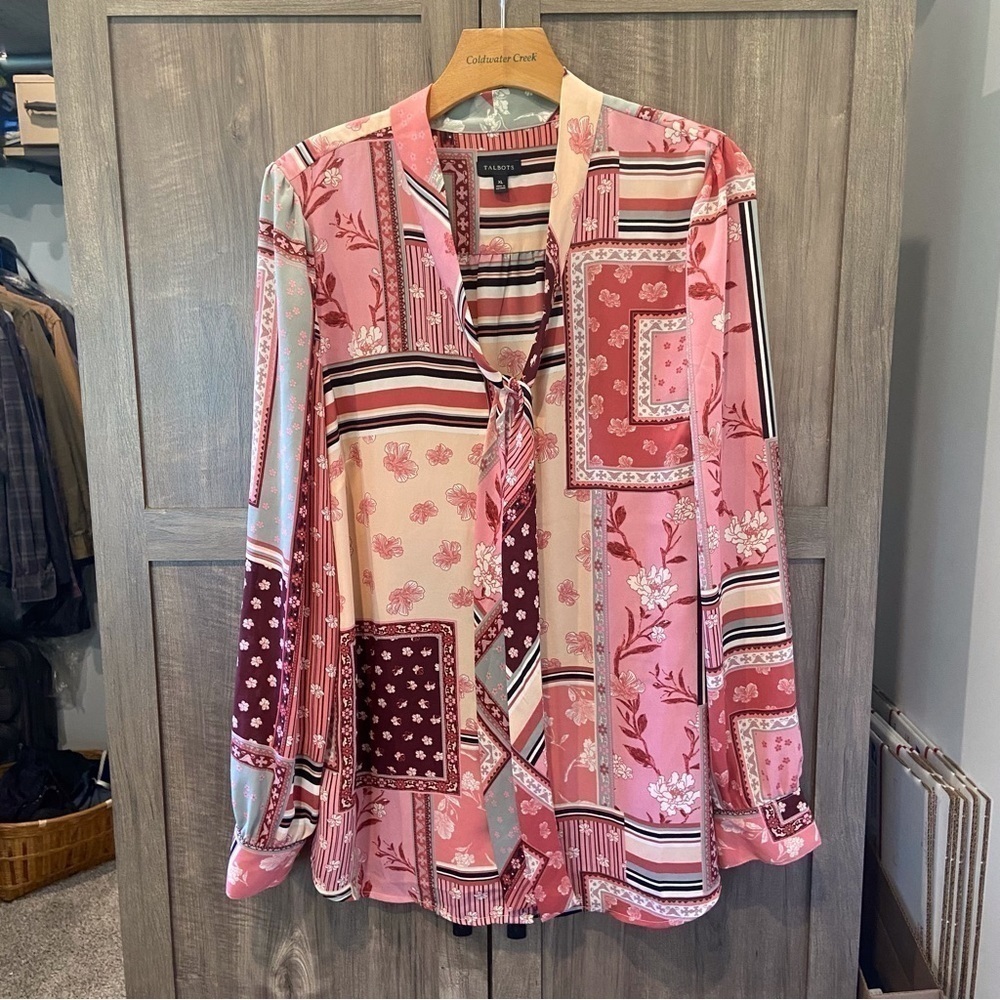 Talbots Xl Blouse Top Patchwork Mixed Prints Neck… - image 2
